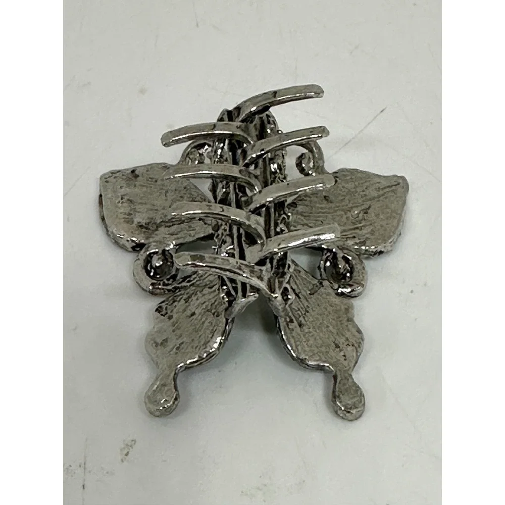 VTG Butterfly Hair Claw Clip Green Blue Rhinestone Silver Tone Enamel Wings